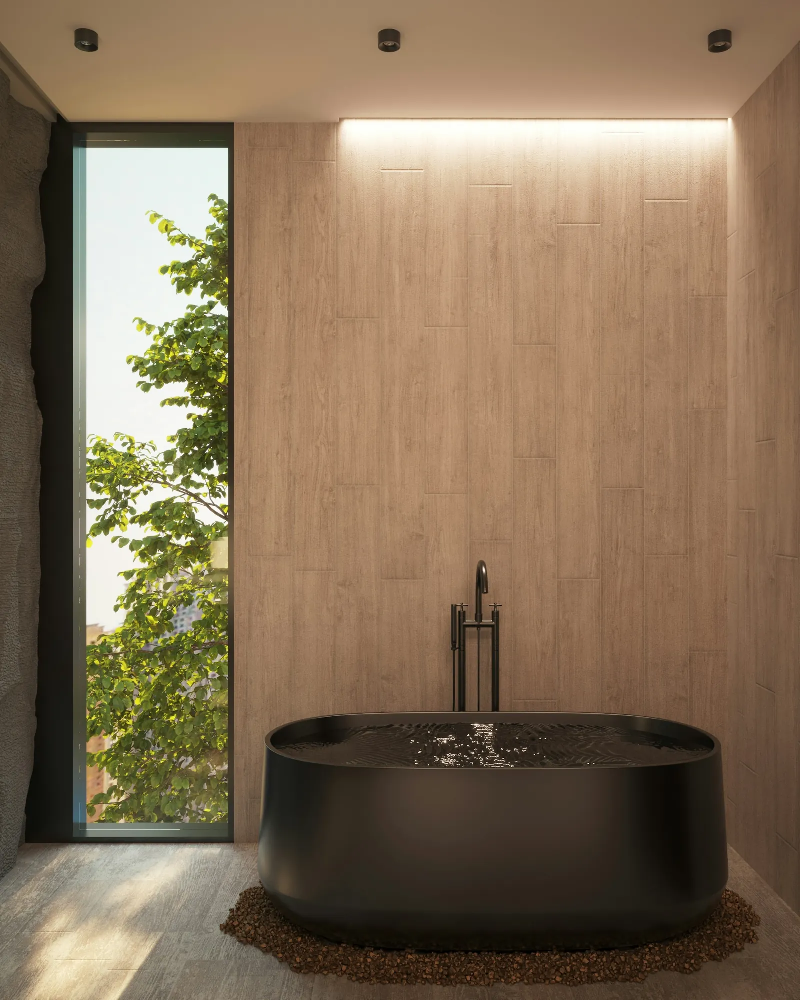 A black stone bath under a slot window, timber-lined walls either side