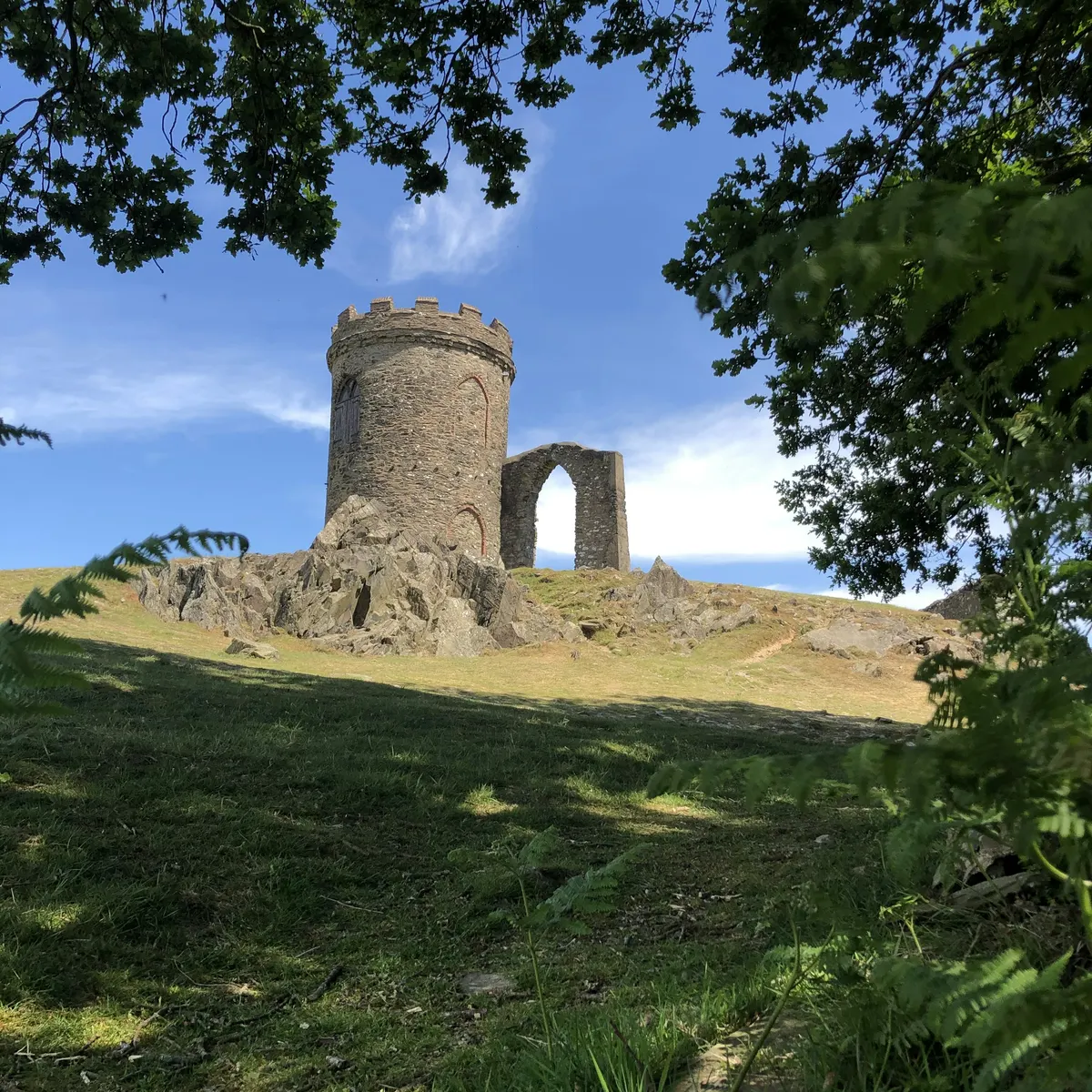 A folly tower on a hilltop in a deer park under a blue sky