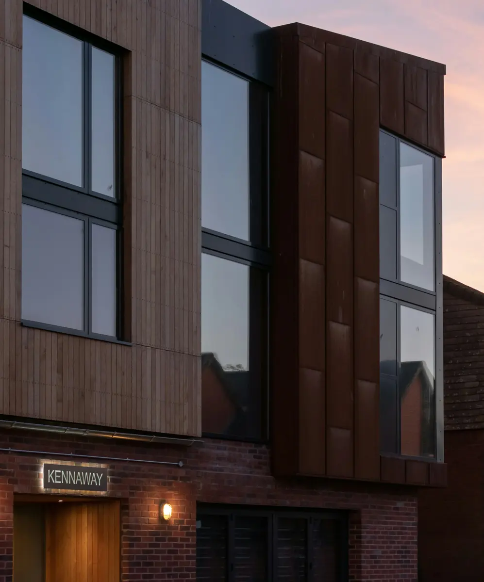 Soar Bank, a contemporary timber-clad house at dusk