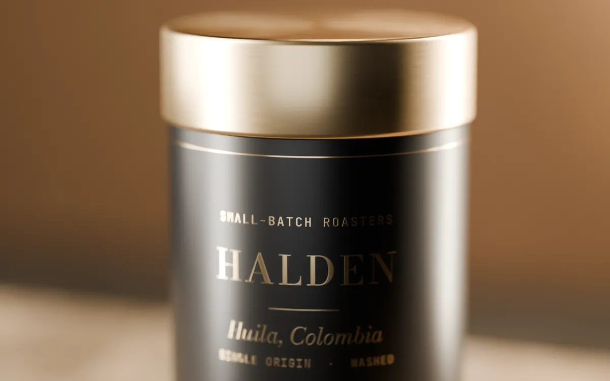 Close up of the brushed-brass lid and the gold foil HALDEN wordmark on a black tin