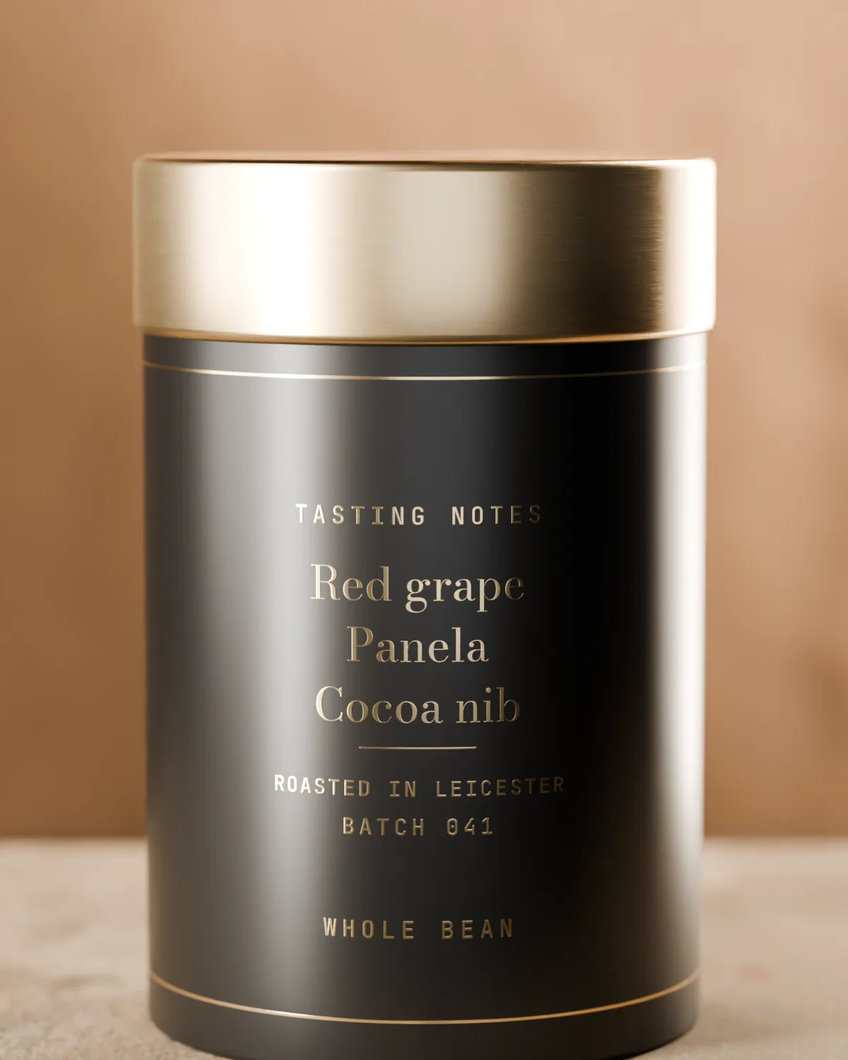 The back of the Huila tin: tasting notes red grape, panela and cocoa nib