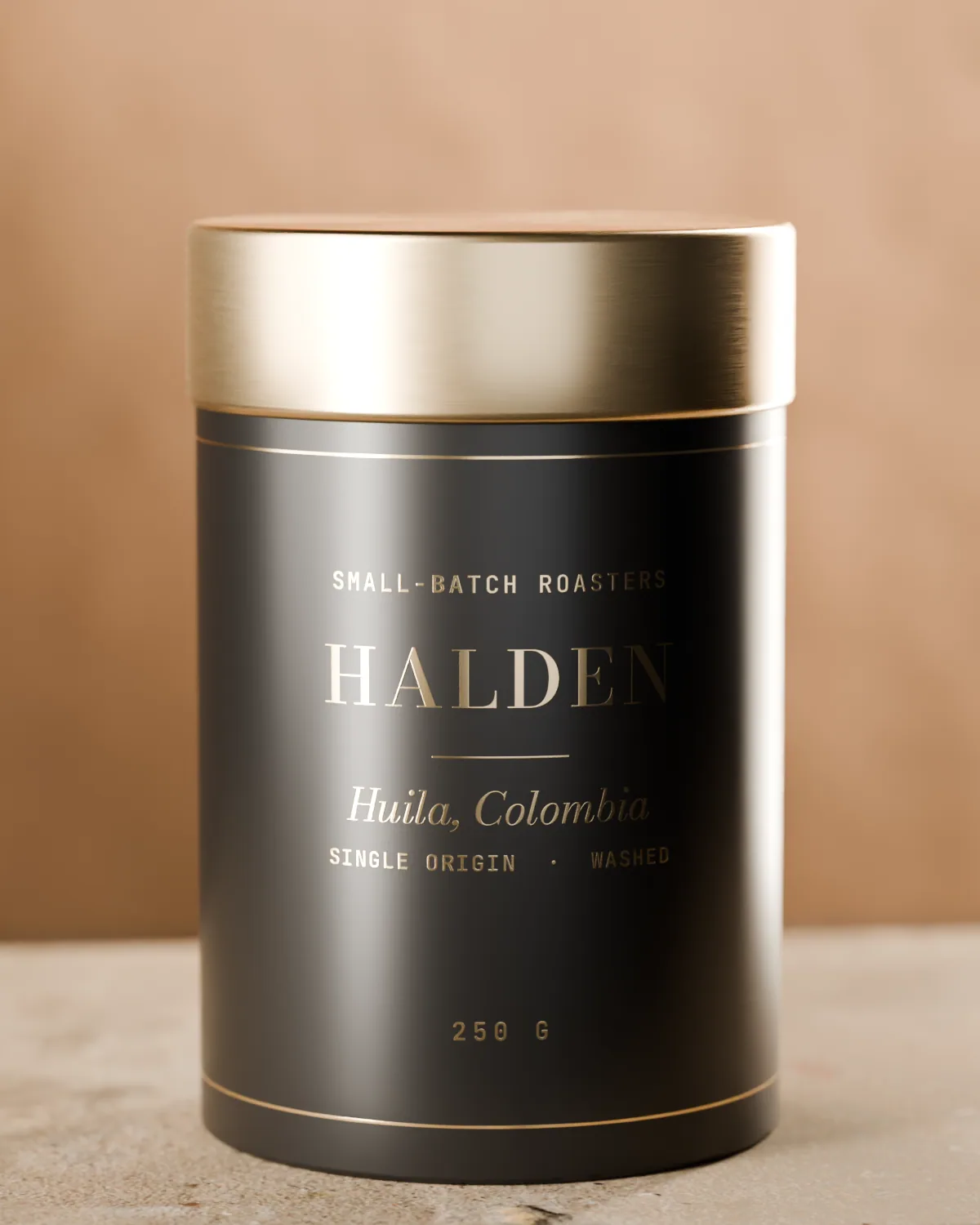 The front of the Huila tin: HALDEN in gold foil above Huila, Colombia