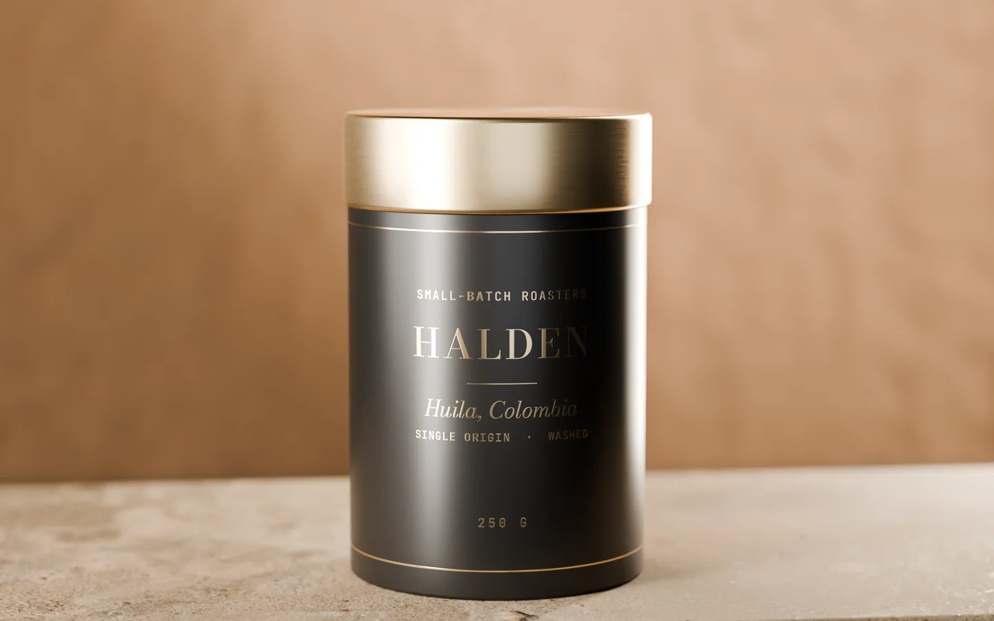 The front of the Huila tin: HALDEN in gold foil above Huila, Colombia, single origin, washed, 250 g