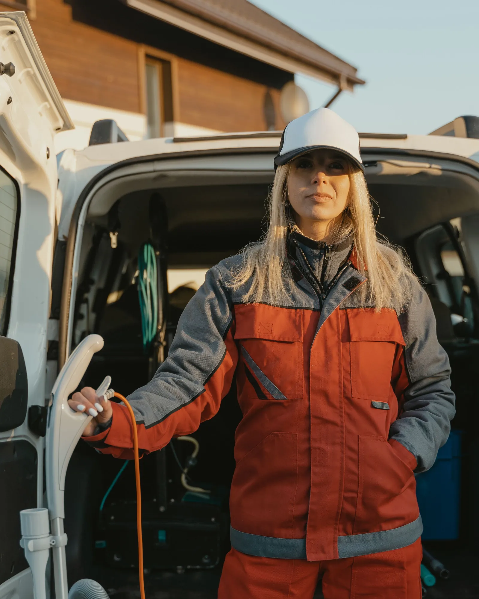Sam, a plumber in grey and orange overalls at the back of a van