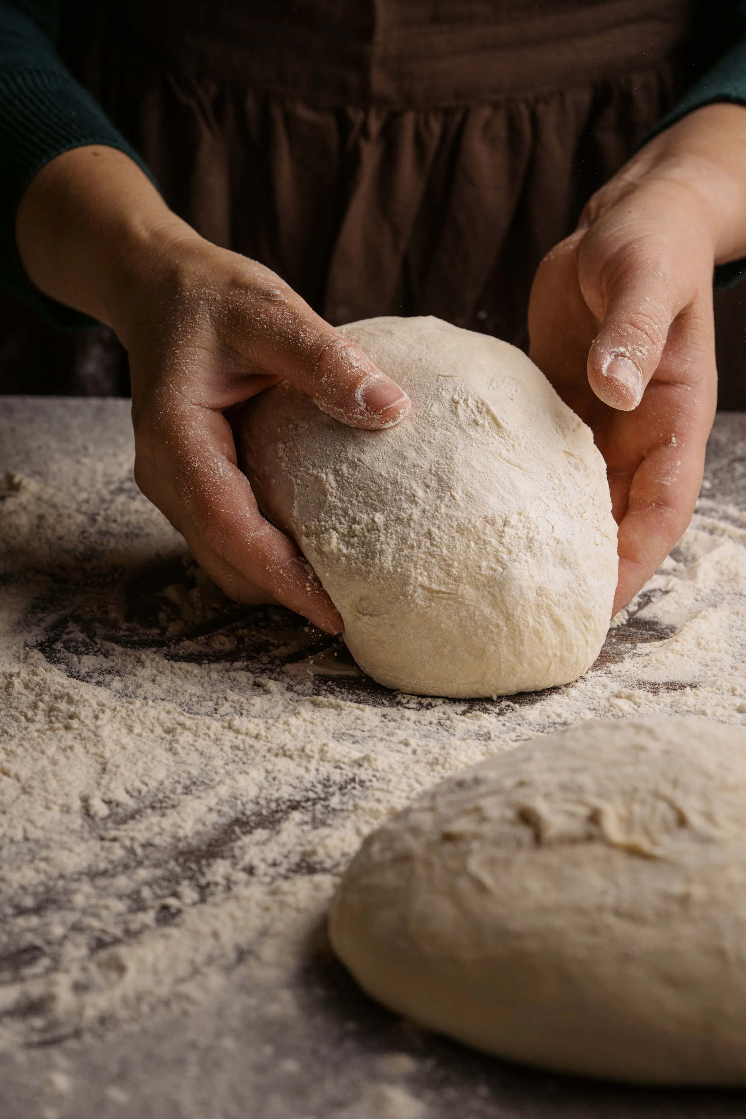 Hands shaping a round of bread dough on a floured bench