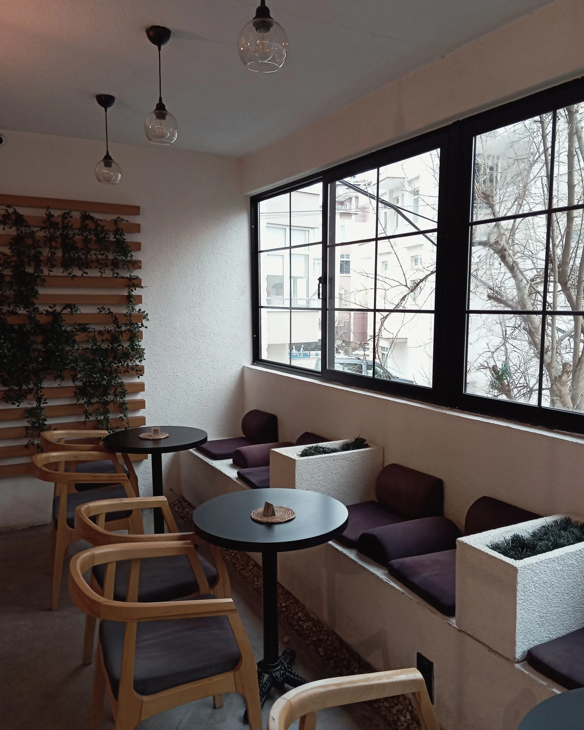 The front room in early light, the big window and wooden chairs