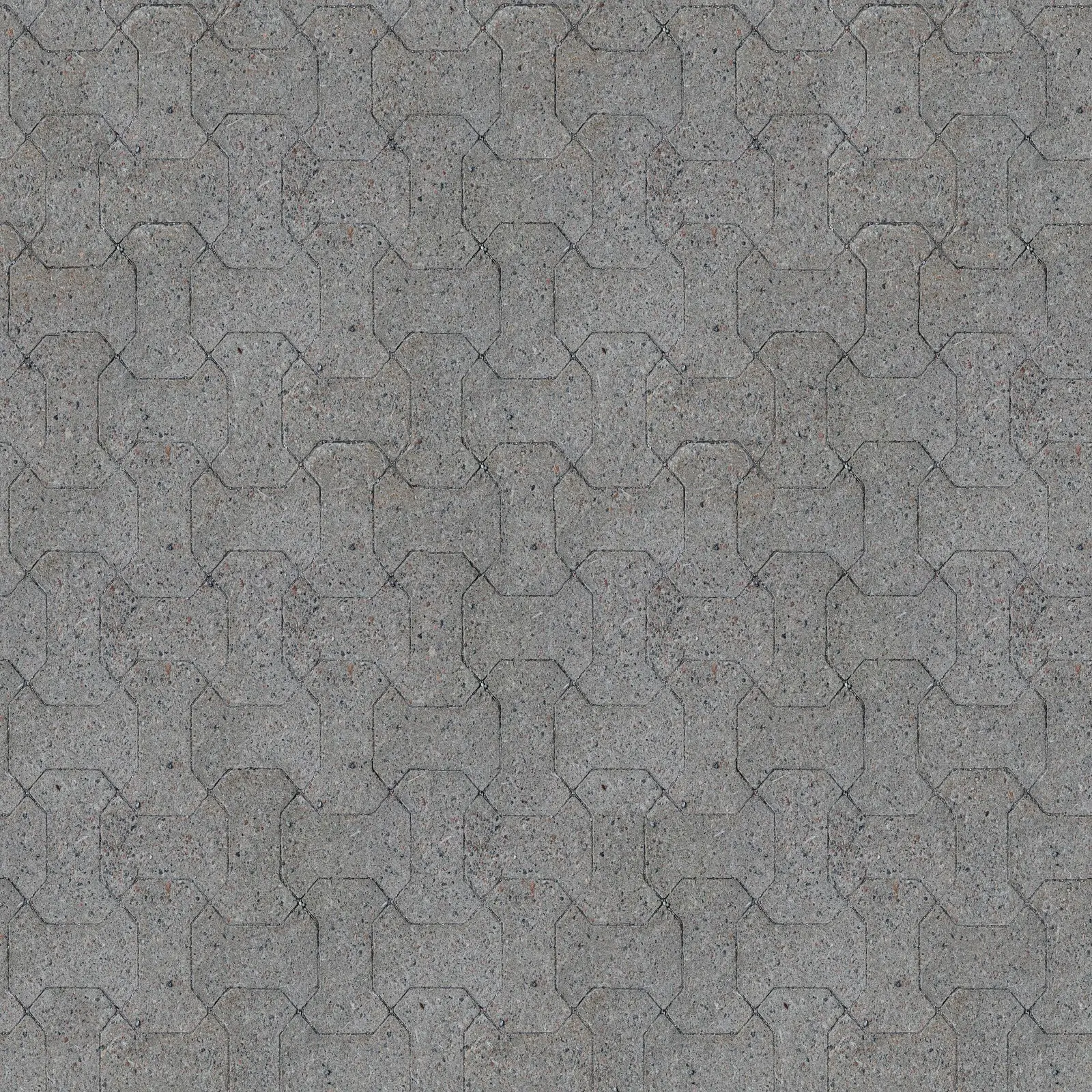 Interlocking grey block paving laid in a running bond, seen from directly above.