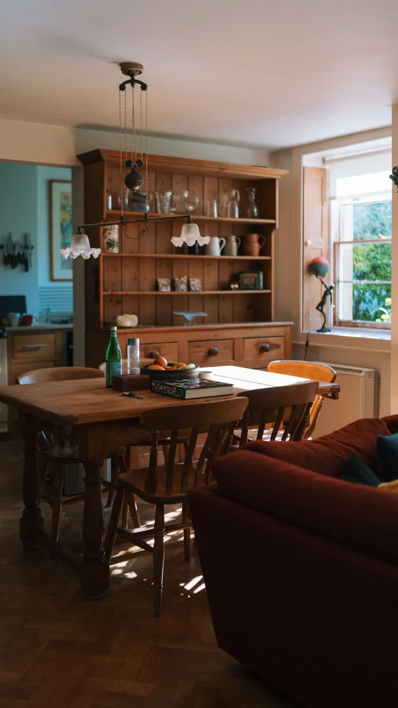 A pine dresser stacked with china beside a scrubbed table and chairs.