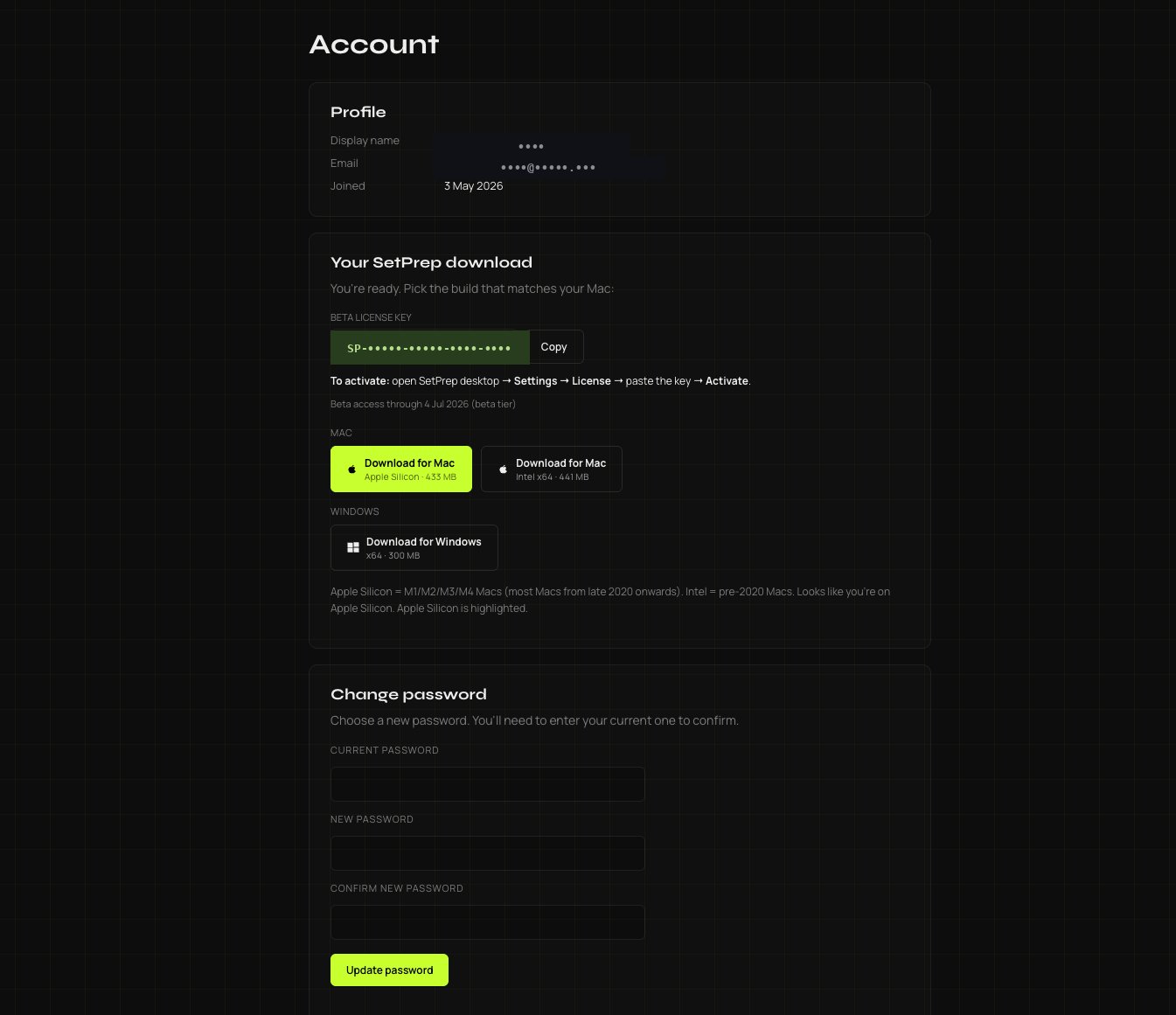 The SetPrep account dashboard: profile section with verified email, beta licence key with copy button, and platform-aware Mac/Windows download buttons. Personal details redacted.